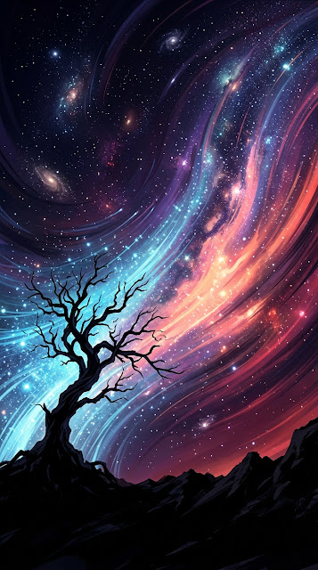 Silhouetted Tree Against Swirling Starry Night Sky - Free mobile Wallpaper