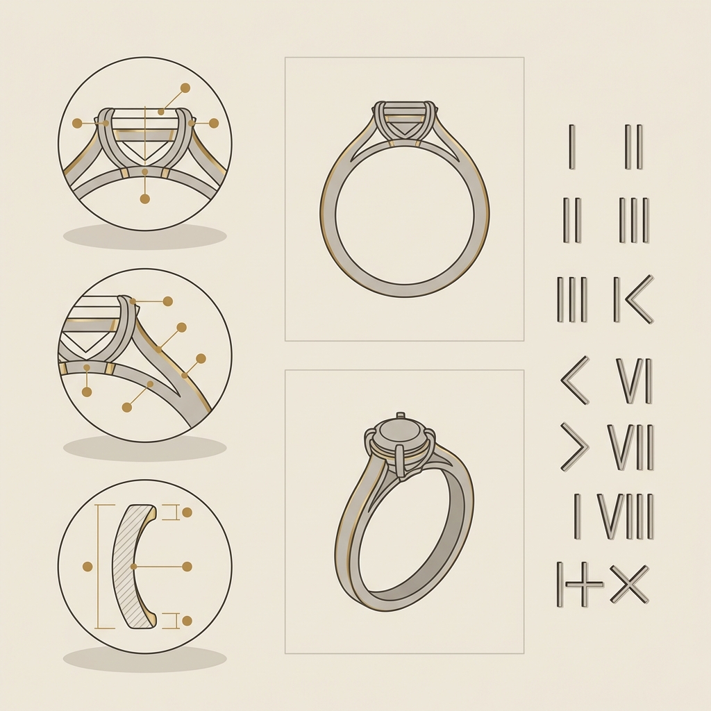 Minimalist 2D vector checklist layout showing bezel shoulders inner shank detail vignettes and full ring context with non textual roman numeral chart in Aurora Antiqua palette gold roman numeral ring