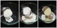 Cho 195gr yogurt vào âu lớn, thêm 240gr heavy whipping cream và 153gr sữa đặc, 1/2 muỗng cà phê tinh chất vani. Dùng phới dẹt trộn cho hỗn hợp thật đều, hòa quyện với nhau thành hỗn hợp mịn, mượt.