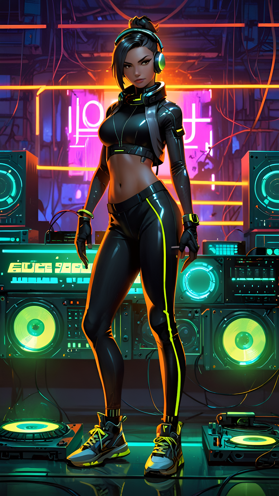 Cyberpunk DJ Girl Neon Synthwave Music Console Art - Free 4K mobile Wallpaper