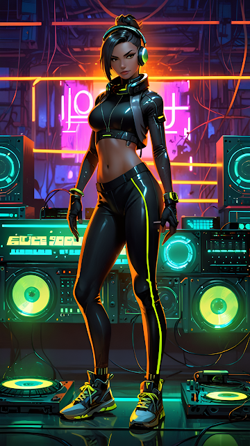 Cyberpunk DJ Girl Neon Synthwave Music Console Art - Free mobile Wallpaper