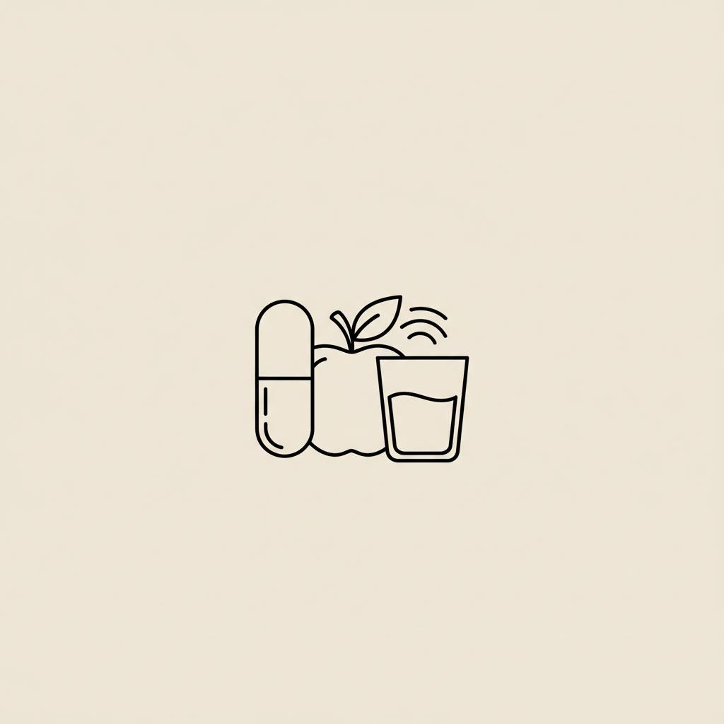 Minimalist line illustration of a capsule, apple, and water glass on beige background symbolizing appetite suppressant medications.