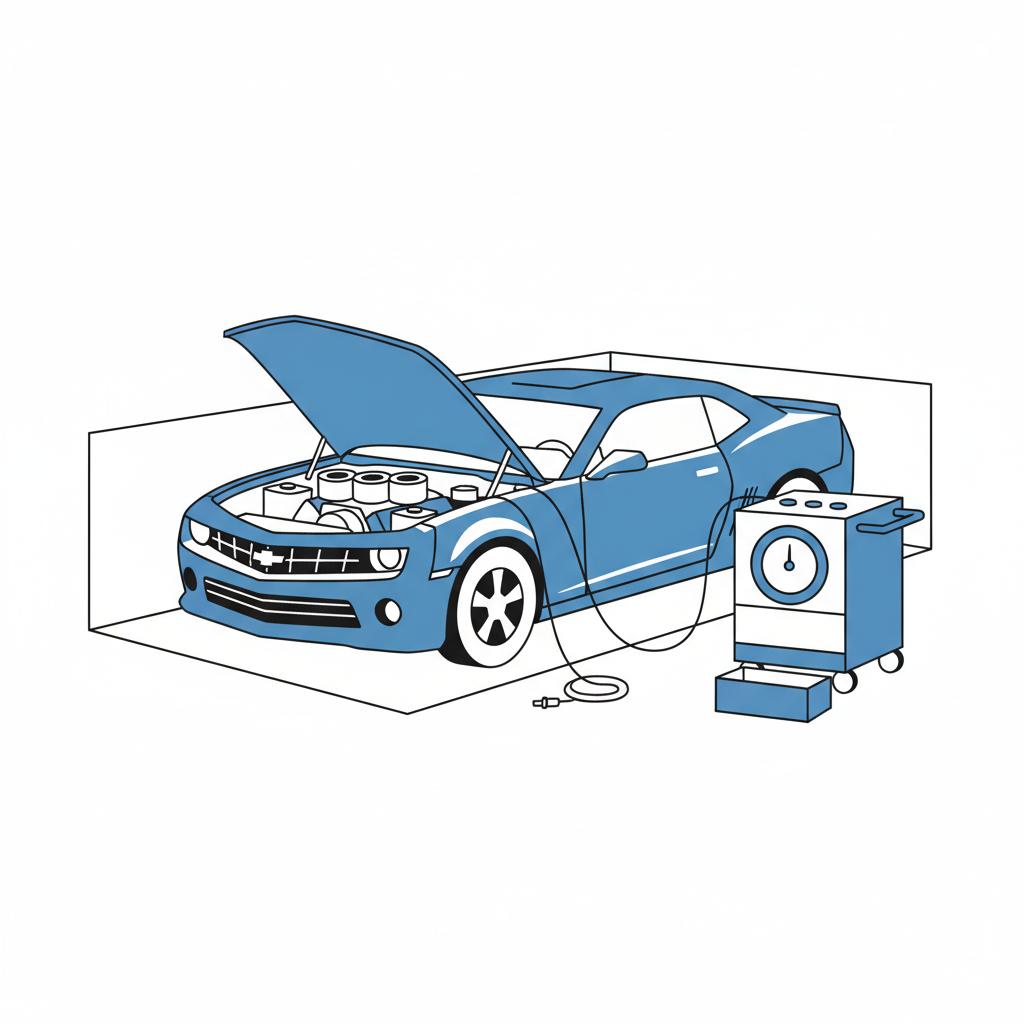 Minimalist 2D vector of a blue Camaro style sports car with open hood showing V8 engine and compression test gauge on a rolling cart camaro for sale near me