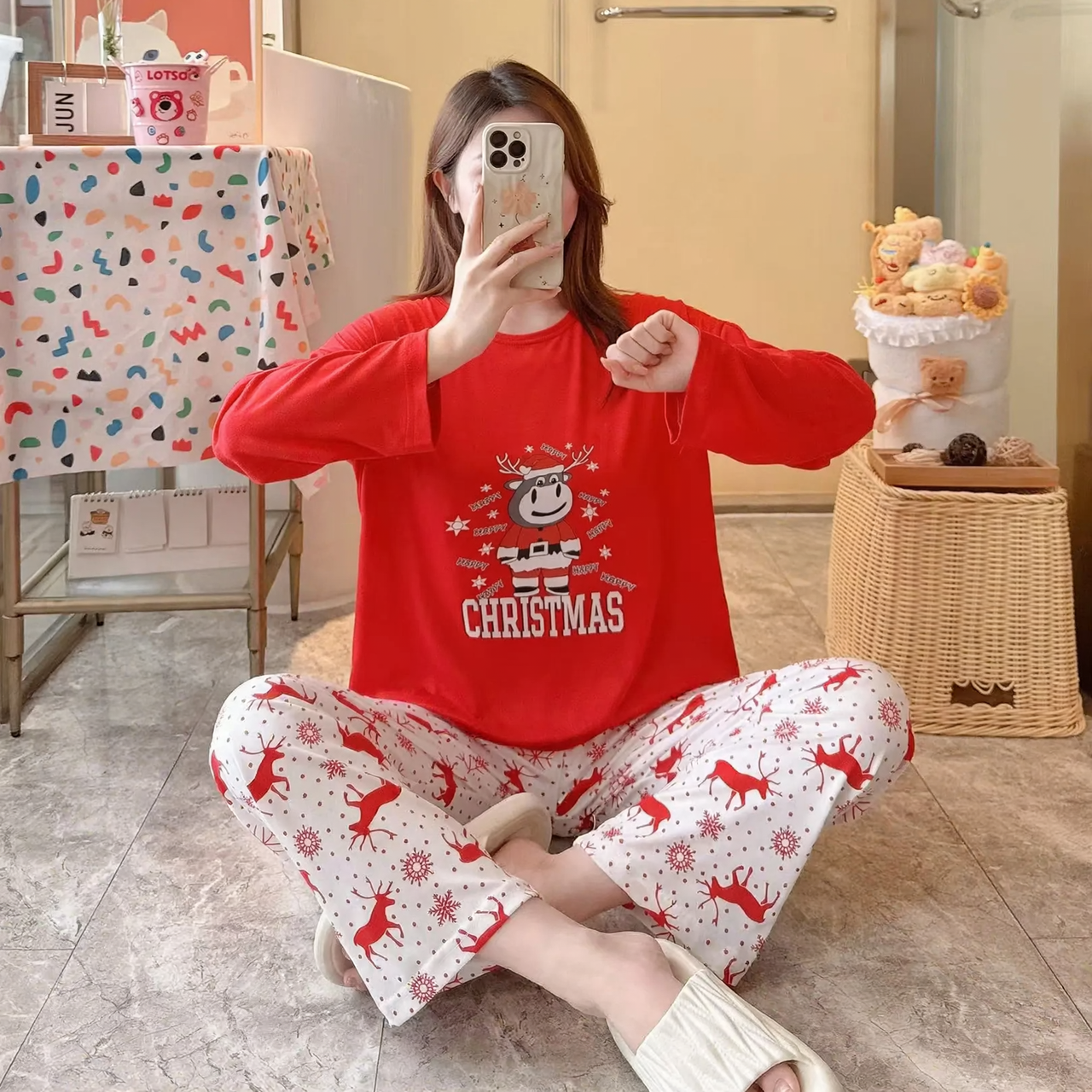 Women's Christmas Pajama, long-sleeve, with reindeer motif