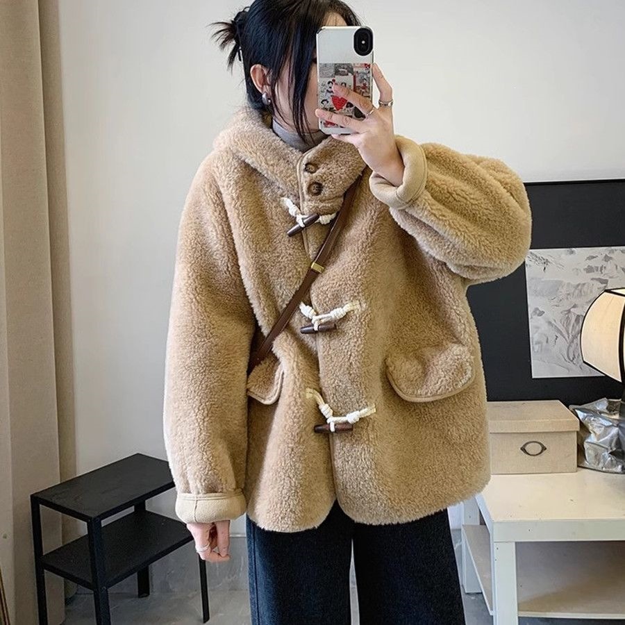 Women's Lambskin Imitation Coat with Toggle Buttons and Hood