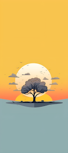 Minimalist Flat Design Sunset with Solitary Silhouette Tree