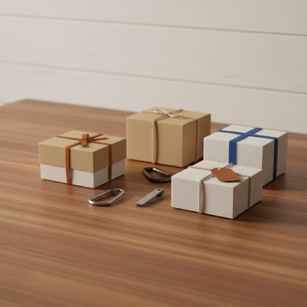 Nahaufnahme minimalistischer Weihnachtsgeschenke und Accessoires auf Holztisch, warme Beleuchtung, dezente Metallobjekte – weihnachtsgeschenke kollegen