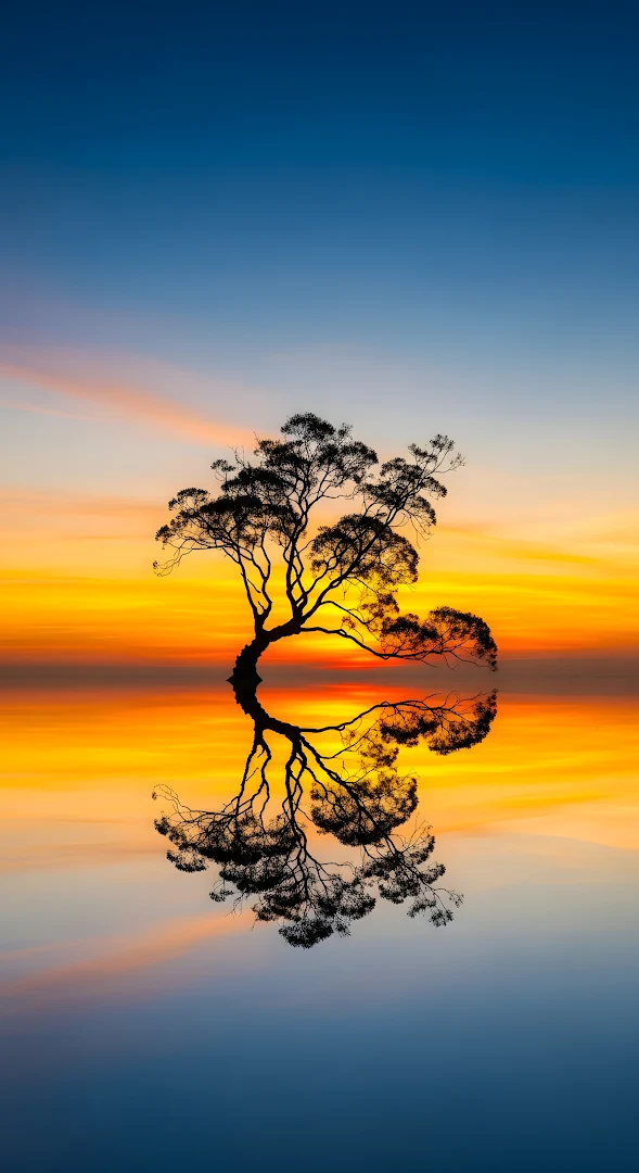 Solitary Tree Silhouette Sunset Reflection Vibrant Colors
