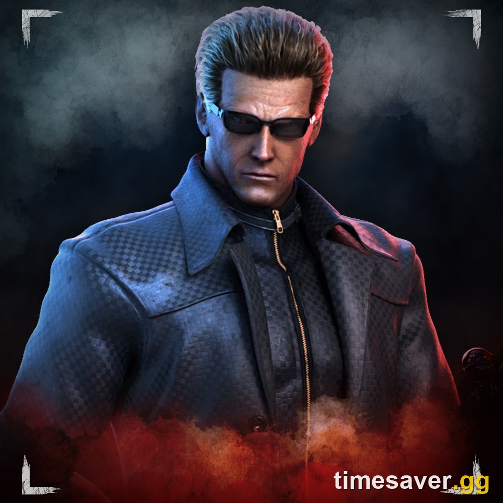 Albert Wesker in sunglasses and his black tactical coat on the Dead by Daylight Mastermind character preview art