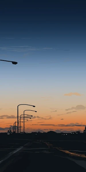 Sunset, Cityscape, Road, Lampposts 4K Wallpaper Background