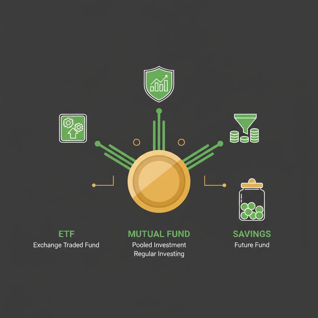 Minimal 2D vector of a stylized Indian coin splitting into three paths to icons for ETF mutual fund SIP and a savings jar how to invest in share market for beginners