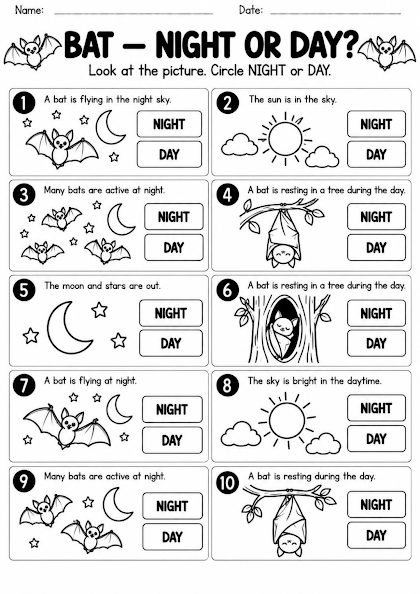 Bat Night or Day Worksheet