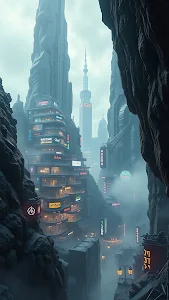 Futuristic City Nestled in Misty Mountain Canyon