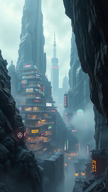 Futuristic City Nestled in Misty Mountain Canyon - Free mobile Wallpaper