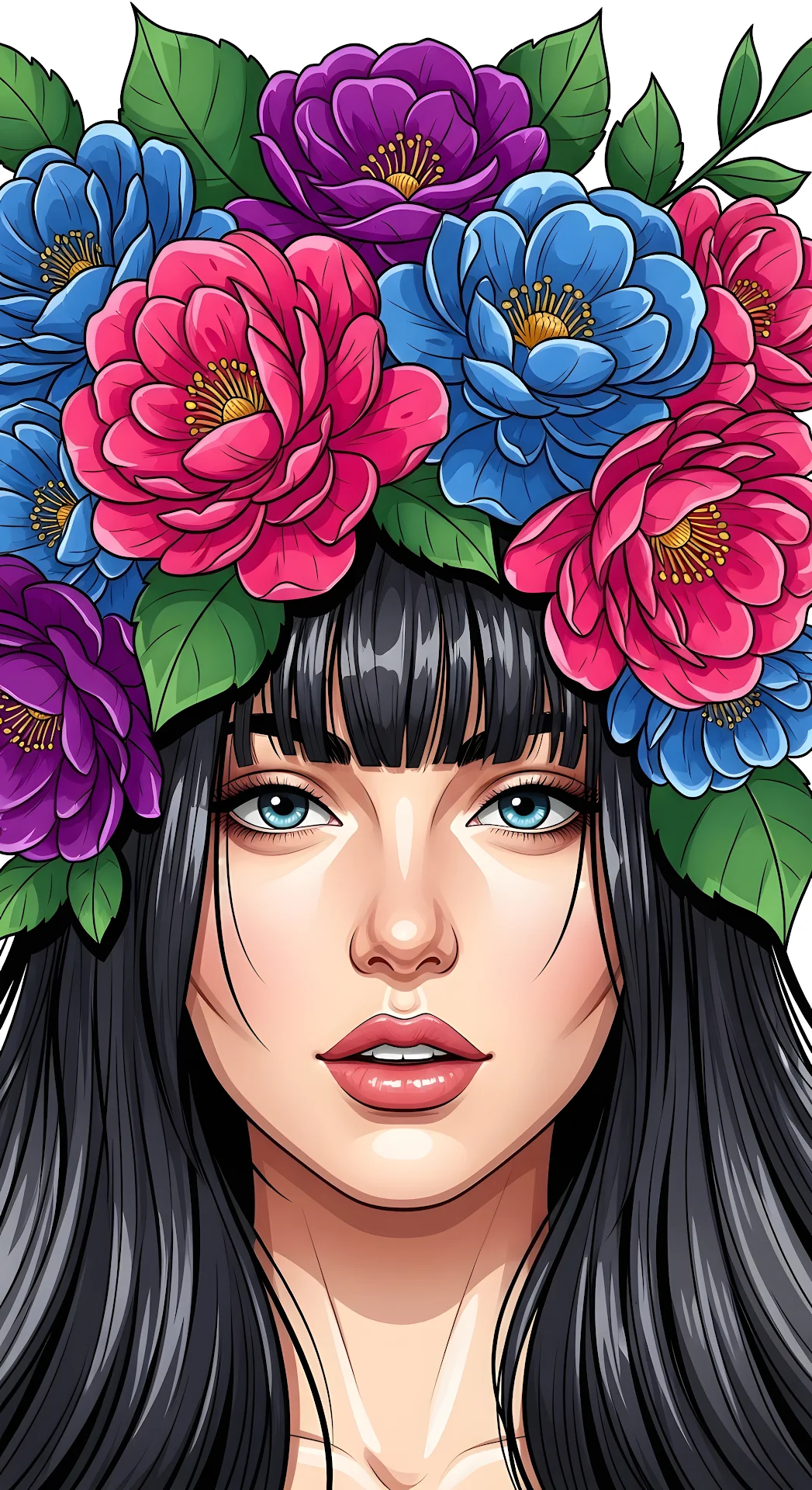 Colorful Floral Wreath Portrait Illustration of Woman - Free 4K mobile Wallpaper