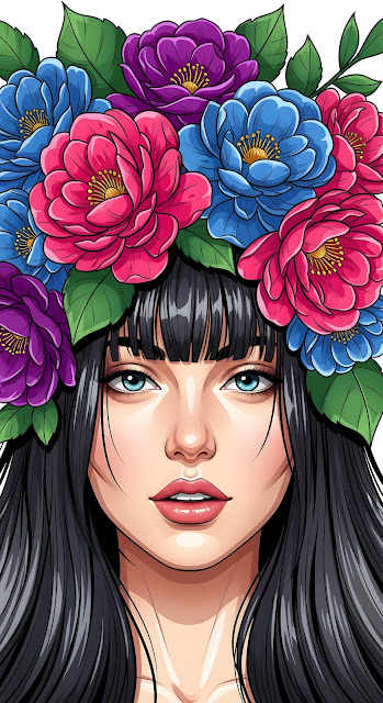 Colorful Floral Wreath Portrait Illustration of Woman - Free mobile Wallpaper