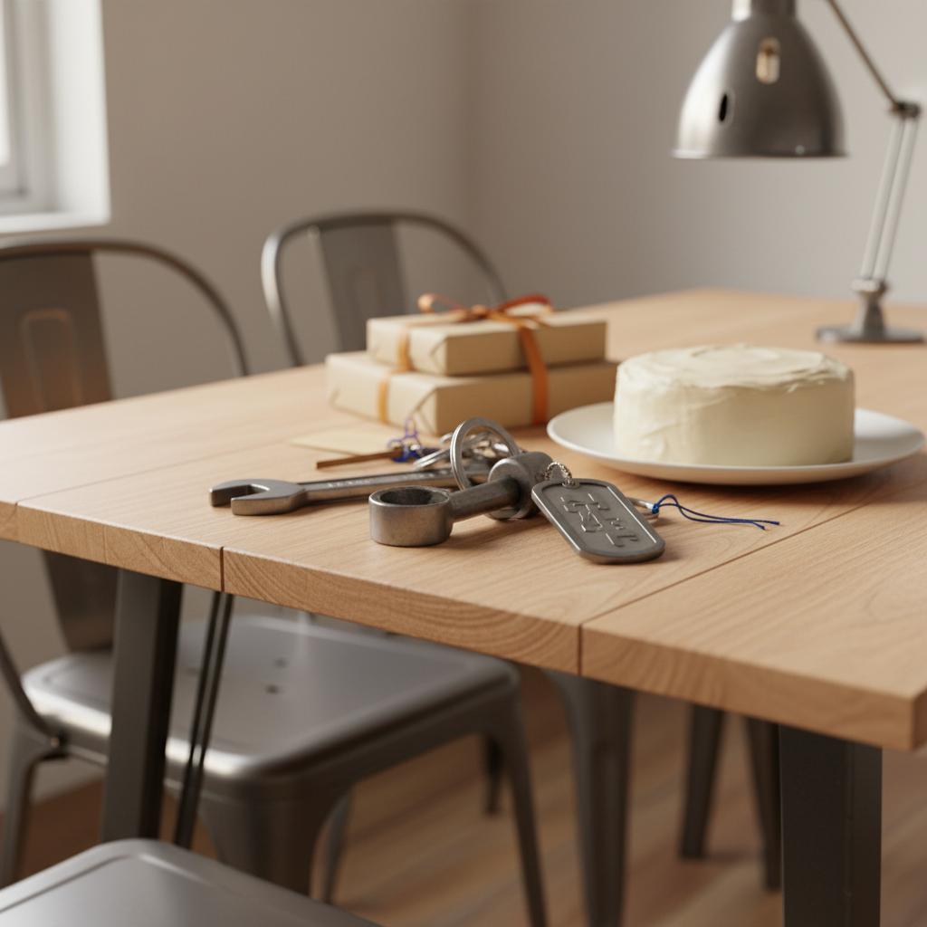 Intime Detailaufnahme eines Esstisches mit Geschenke zum 24. Geburtstag: Vanillekuchen, Holzoberfläche und robuste Metallgeschenke unter warmem, industriellem Licht