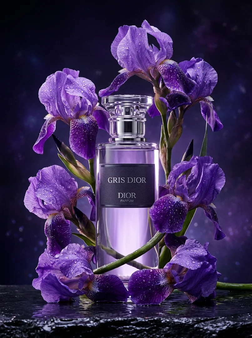 Cinematic Gris Dior Fragrance Render - Wet Violet Iris Petals