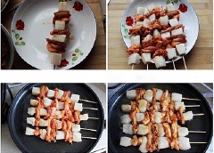 Dùng tay xiên xen kẽ bánh gạo, kim chi và thịt với nhau. Khi ăn, đem các xiên bánh gạo này ra, xếp vào chảo điện, vừa ăn vừa nướng, thơm ngon vô cùng.