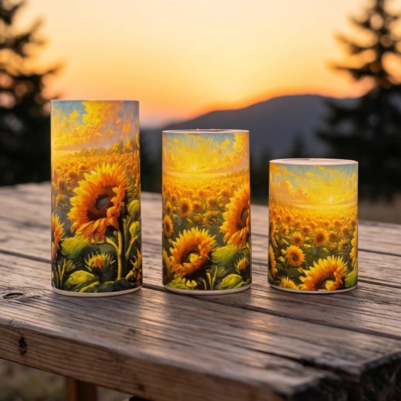 LED-Kerzen-Set mit Sonnenblumen-Motiv, 3-teilig
