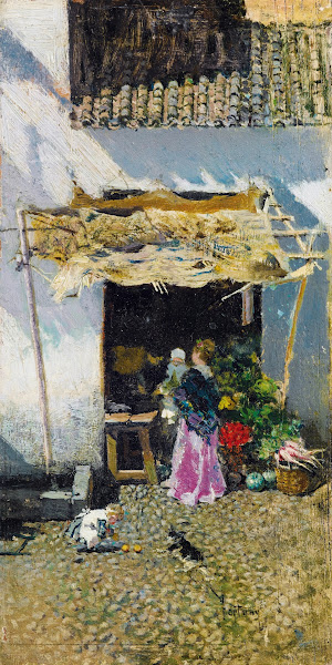 Jeune femme à la jupe lilas devant une échoppe de légumes