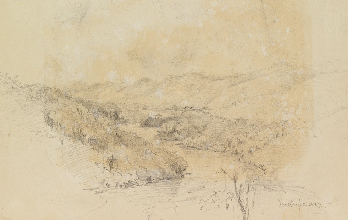 Flusslauf schlängelt sich durch die Hügellandschaft 1858
