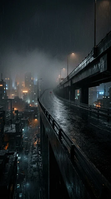 Empty Elevated Highway Night Rain Cyberpunk Wallpaper