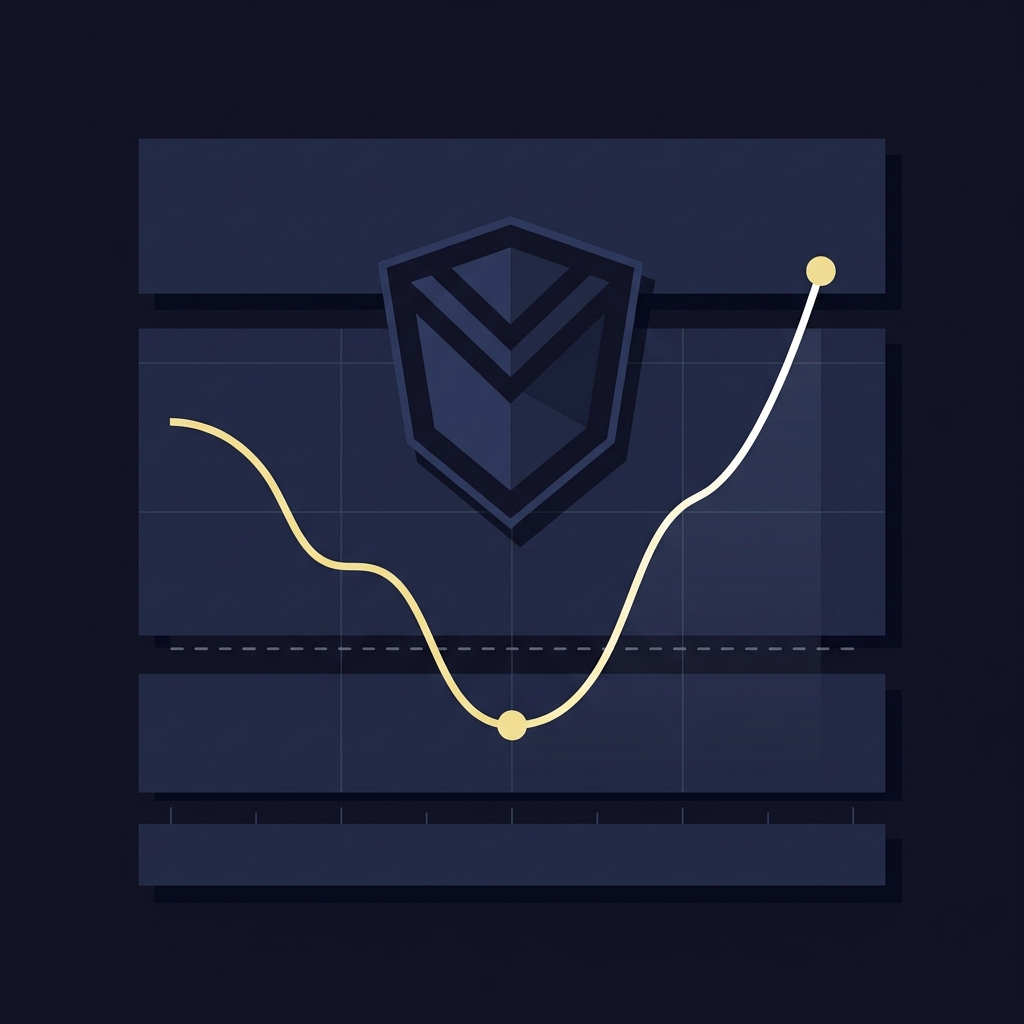 Vector illustration of a shield over a descending then ascending line chart showing drawdown limits and recovery representing What Is a Unit in Sports Trading