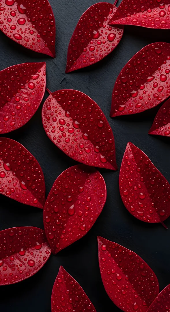 Deep Red Leaves Water Droplets Dark Background
