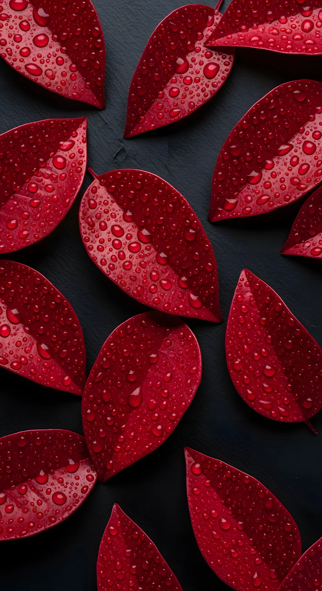 Deep Red Leaves Water Droplets Dark Background - Free 4K mobile Wallpaper