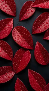 Deep Red Leaves Water Droplets Dark Background