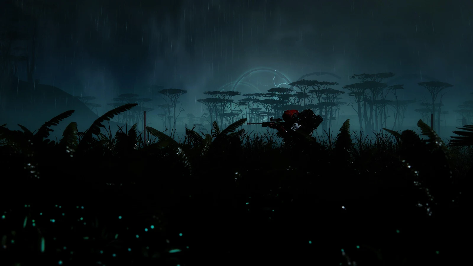 Sci-Fi Sniper In Rainy Jungle - Video Game Photography 4K Wallpaper (3840x2160)