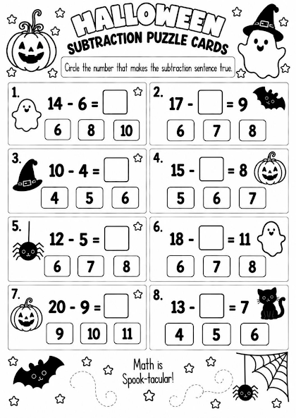 Halloween Subtraction Puzzle Cards