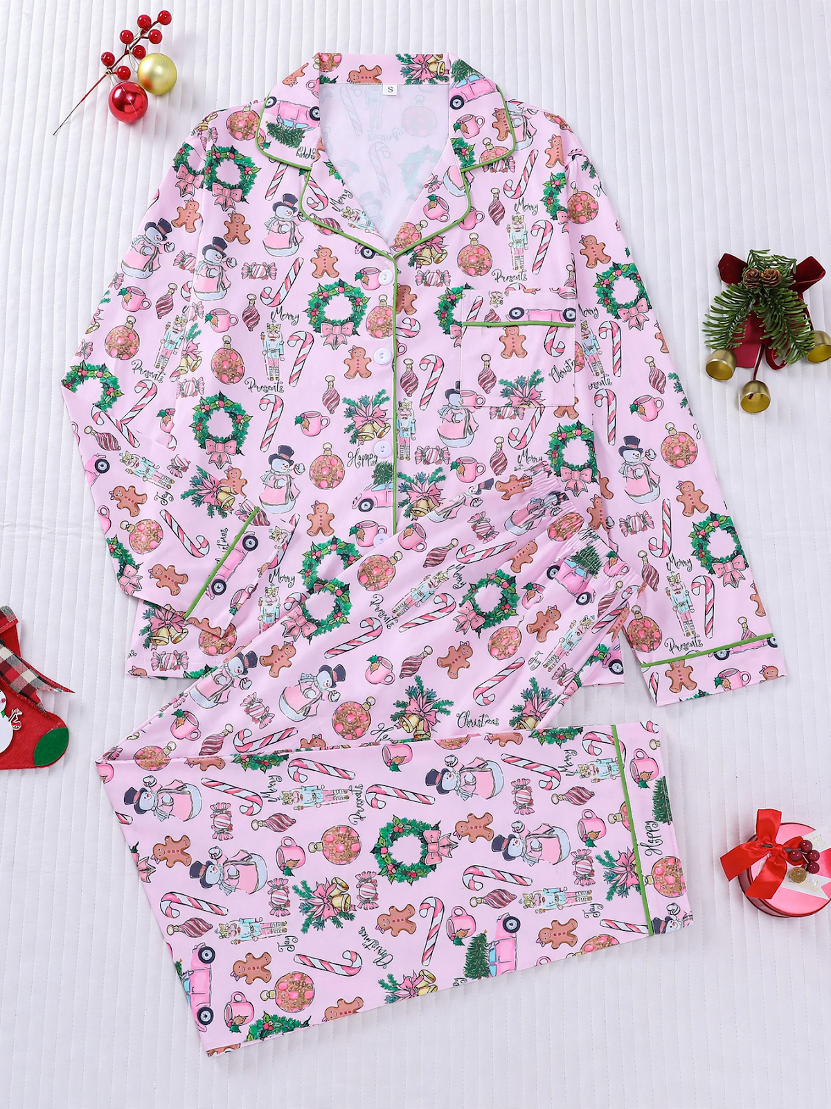 Women’s Pajama Set, striped, Christmas tree print, shawl collar
