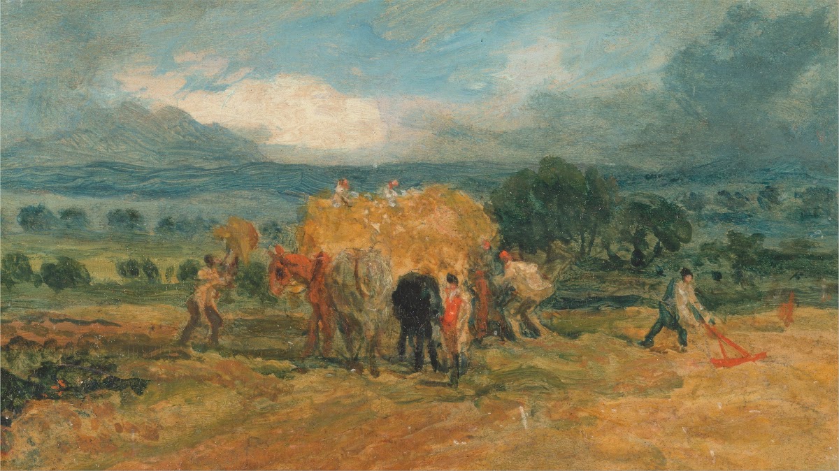 A Harvest Scene with Workers Loading Hay on to a Farm Wagon ca 1800