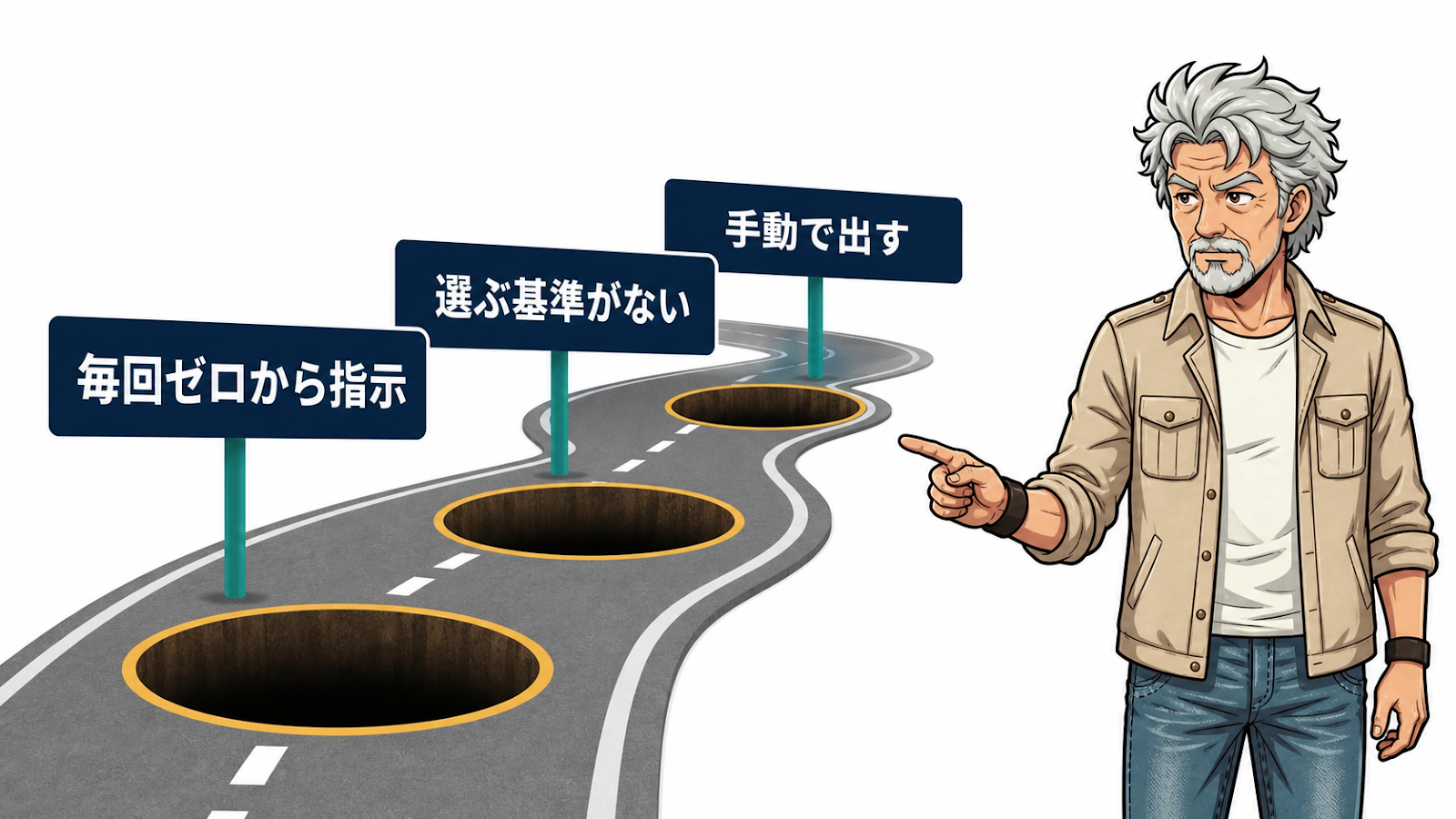 指示・選ぶ・出すの3工程に空いた3つの落とし穴を示した図