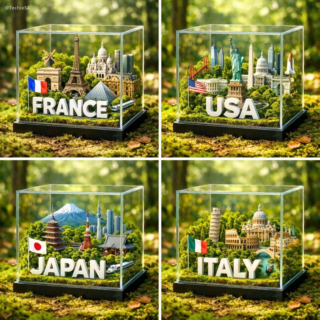 Una fotografía hiperrealista de 1080x1080 de un diorama de cubo de cristal colocado sobre un suelo de bosque exuberante y musgoso con...
