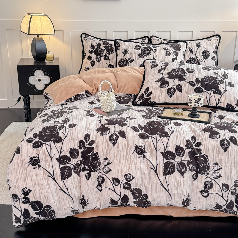 Französisches Milchfleece-Bettwäsche-Set, floral, warm