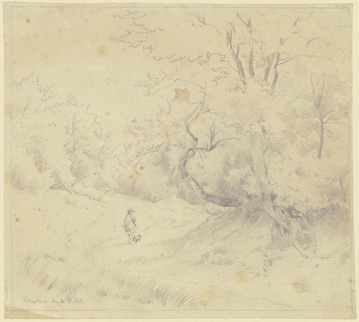 Waldweg bei Willingshausen mit Jäger und Hund 1868
