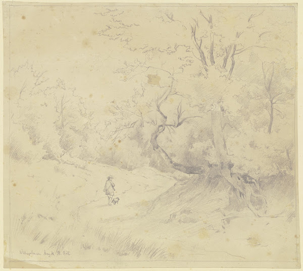 Waldweg bei Willingshausen mit Jäger und Hund 1868