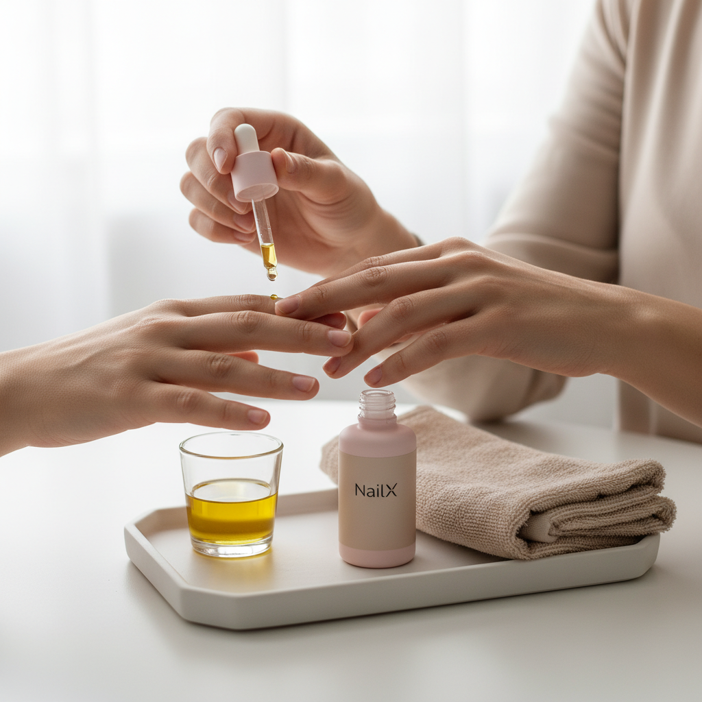 Nahaufnahme gepflegter Hände über weißem Tablett mit Olivenöl, beigem Handtuch und stilvollem Nagelöl‑Fläschchen in NailX soft pink. Welcher Nährstoff fehlt bei brüchigen Nägeln?
