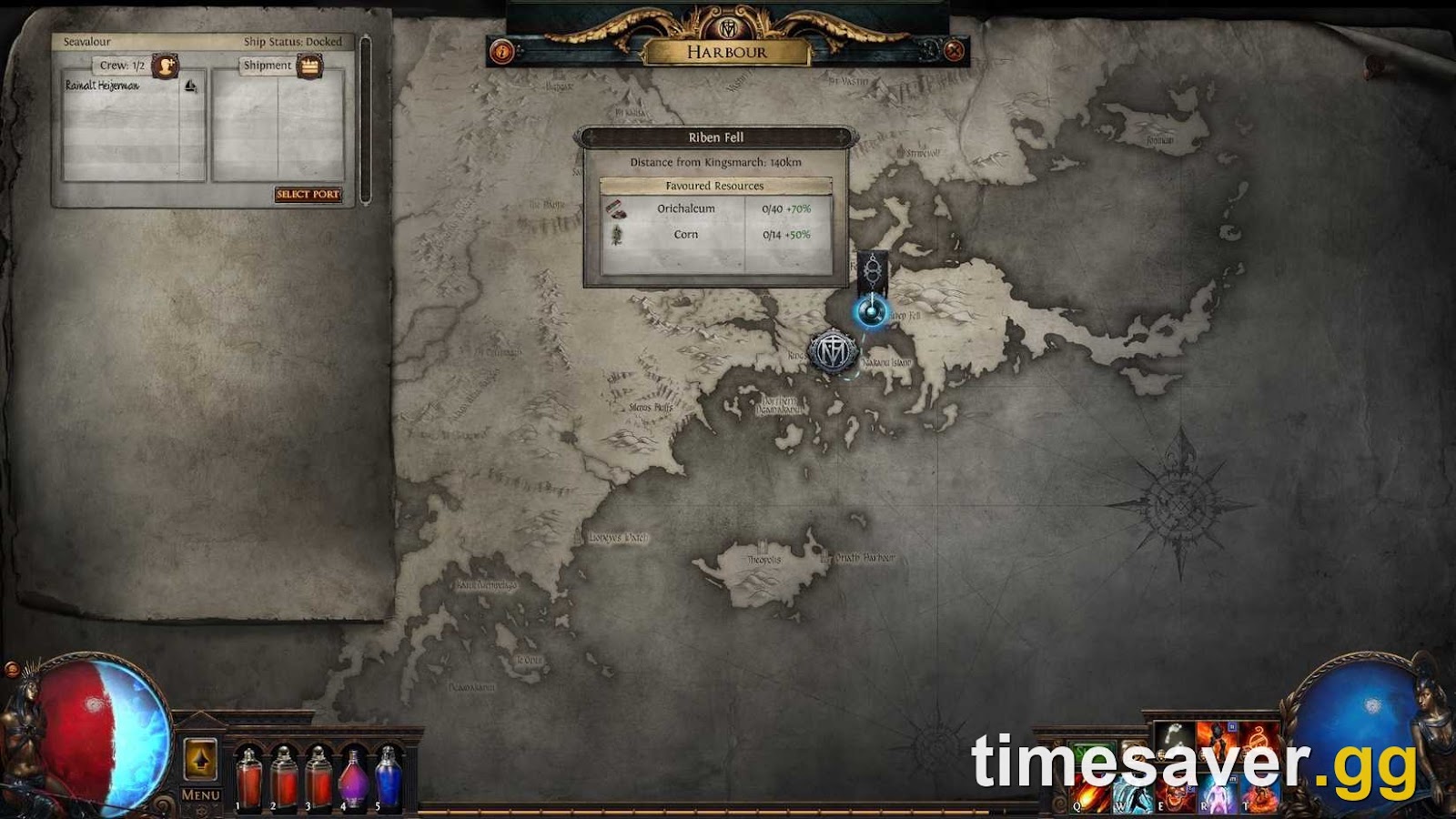 Path of Exile Kingsmarch Harbour shipment screen showing the port map, distance from Kingsmarch, and favoured resources with shipment bonuses