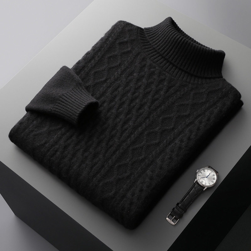Men's Wool Sweater with Lapel Collar and Cable Pattern