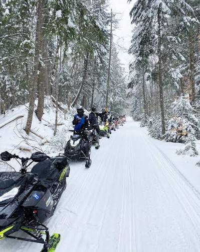 Snowmobile group on a groomed trail through snowy pines