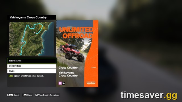 Forza Horizon 6 Yahikoyama Cross Country event with an unlimited off-road buggy on rough terrain