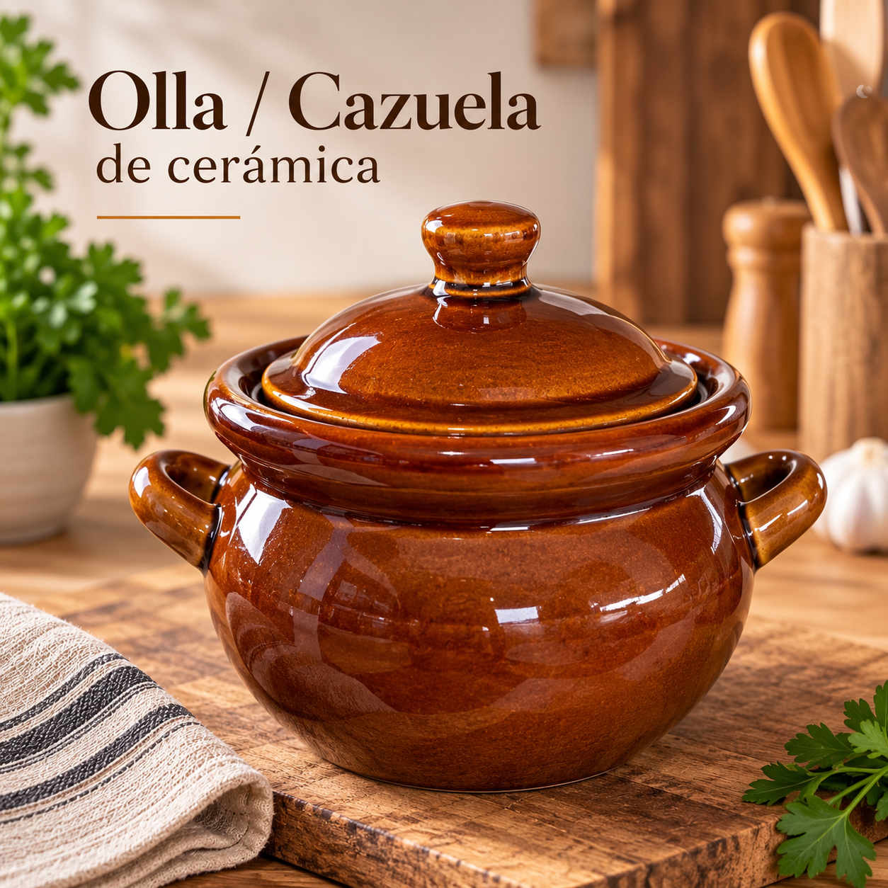 Cazuela de cerámica marrón con tapa