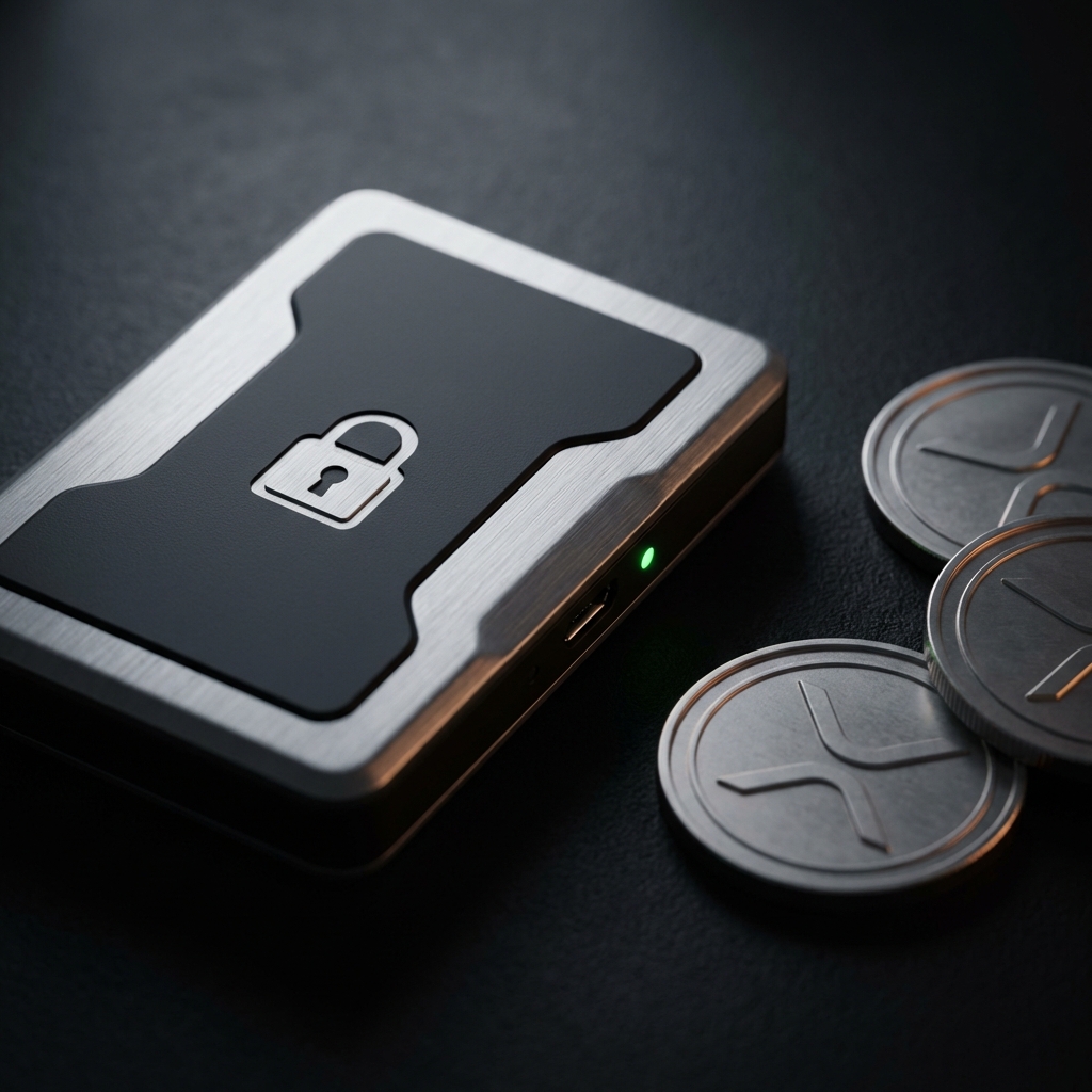 Close up photo of a hardware wallet on dark surface with XRP tokens nearby emphasizing texture security and green accents buy XRP on Fidelity