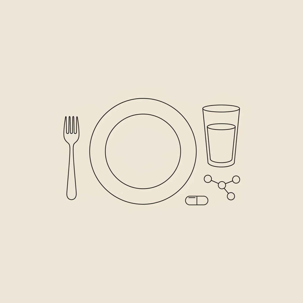 Minimalist line illustration of a plate with fork, water glass, capsule and stylized peptide molecule on beige background illustrating collagen peptides for fat loss