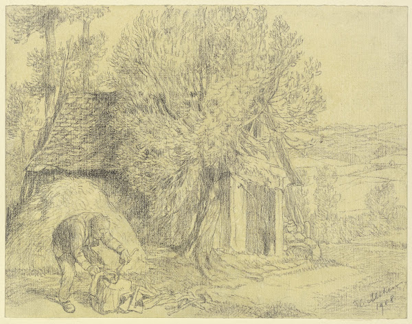 Bauer vor seinem Hause Holz hackend 1908