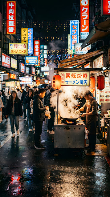 Vibrant Night Market with Steam and Neon Signs - Free mobile Wallpaper